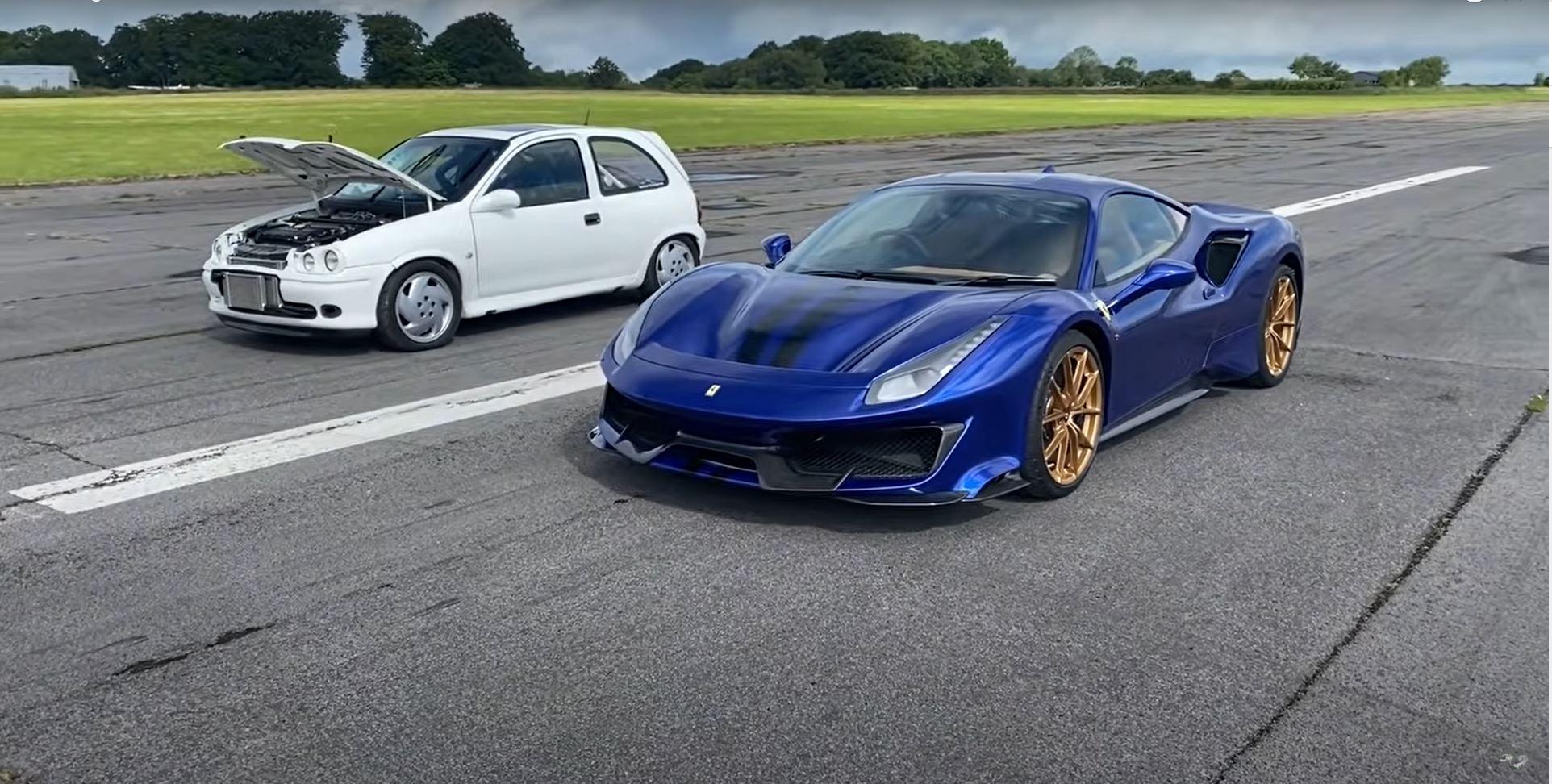 Opel Corsa tegen Ferrari 488 Pista