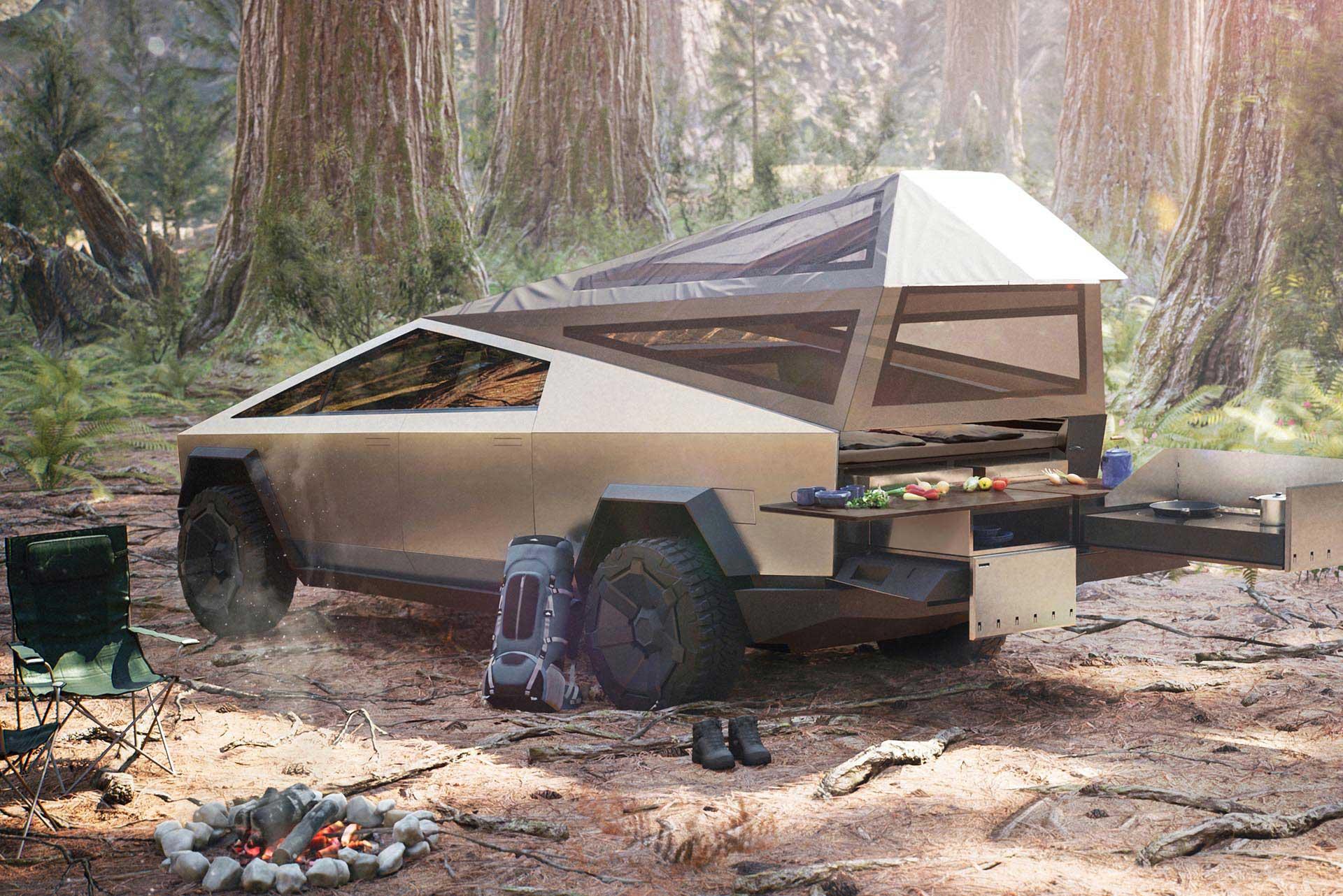 Tesla Cybertruck uit kamperen met tent (camper)