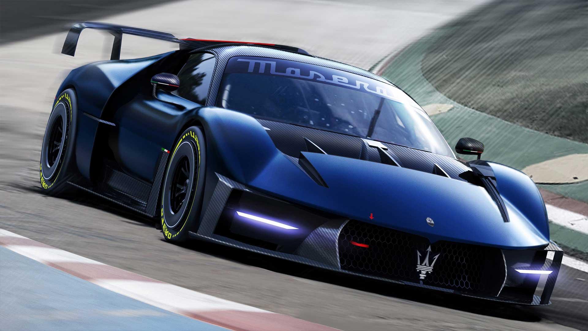 The Maserati Project24 concept driving a car on a track diagonally forward