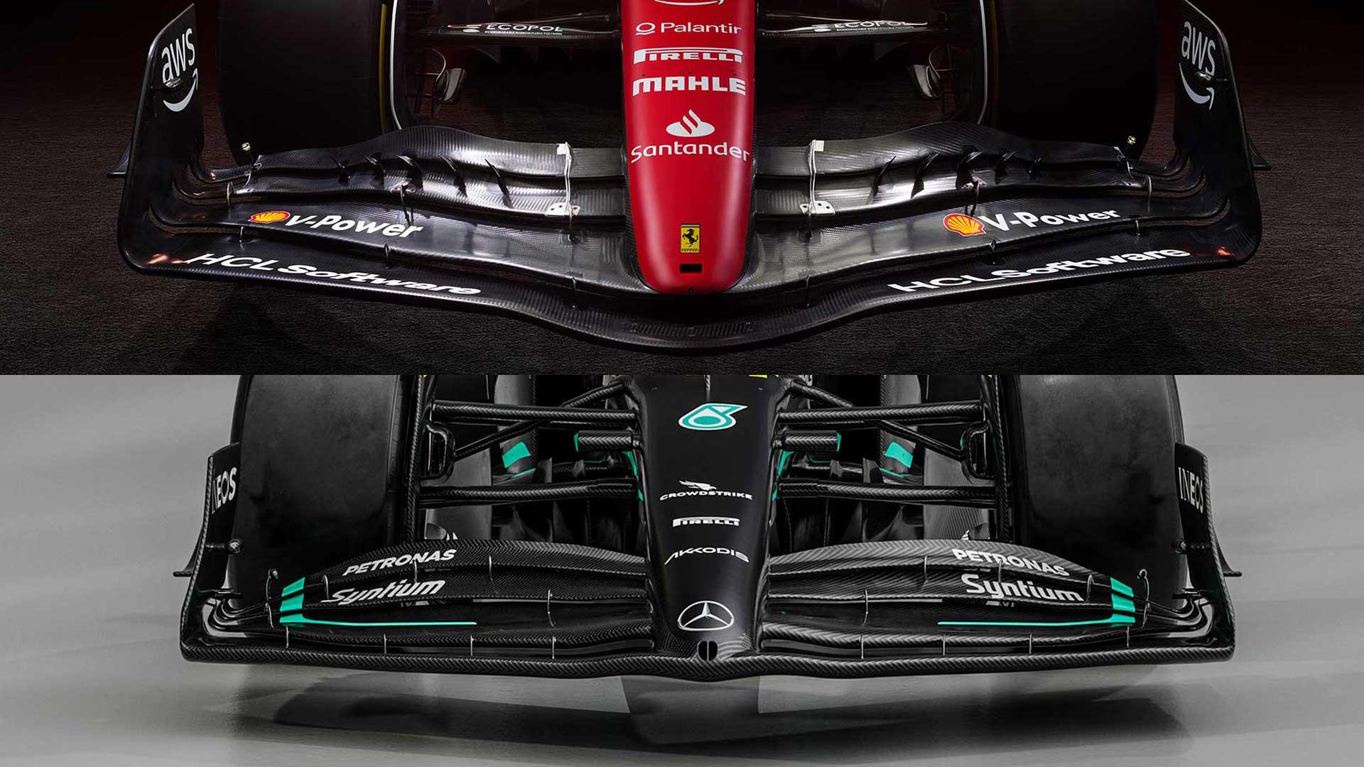 Voorvleugels van F1-auto's van Mercedes en Ferrari