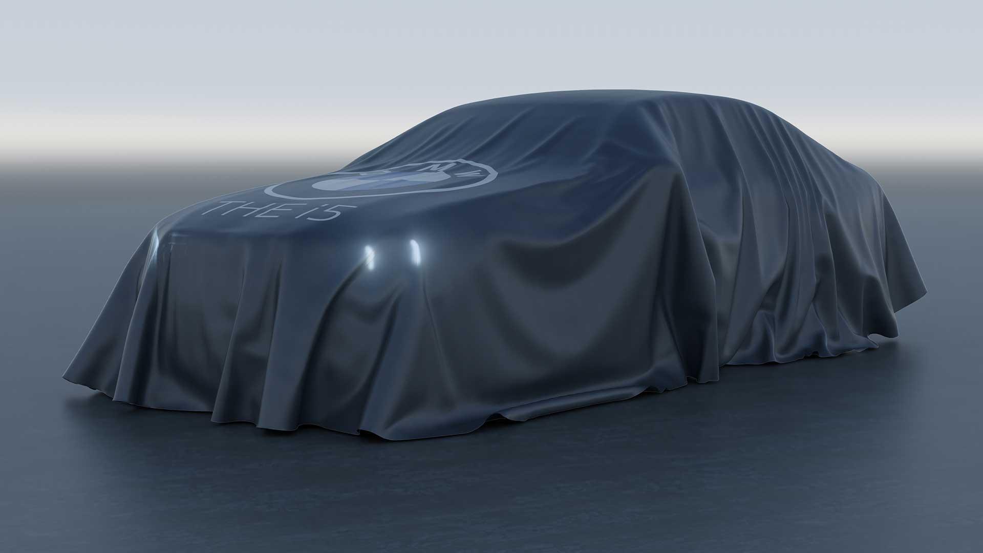 BMW i5 teaser schuin voor met doek erover