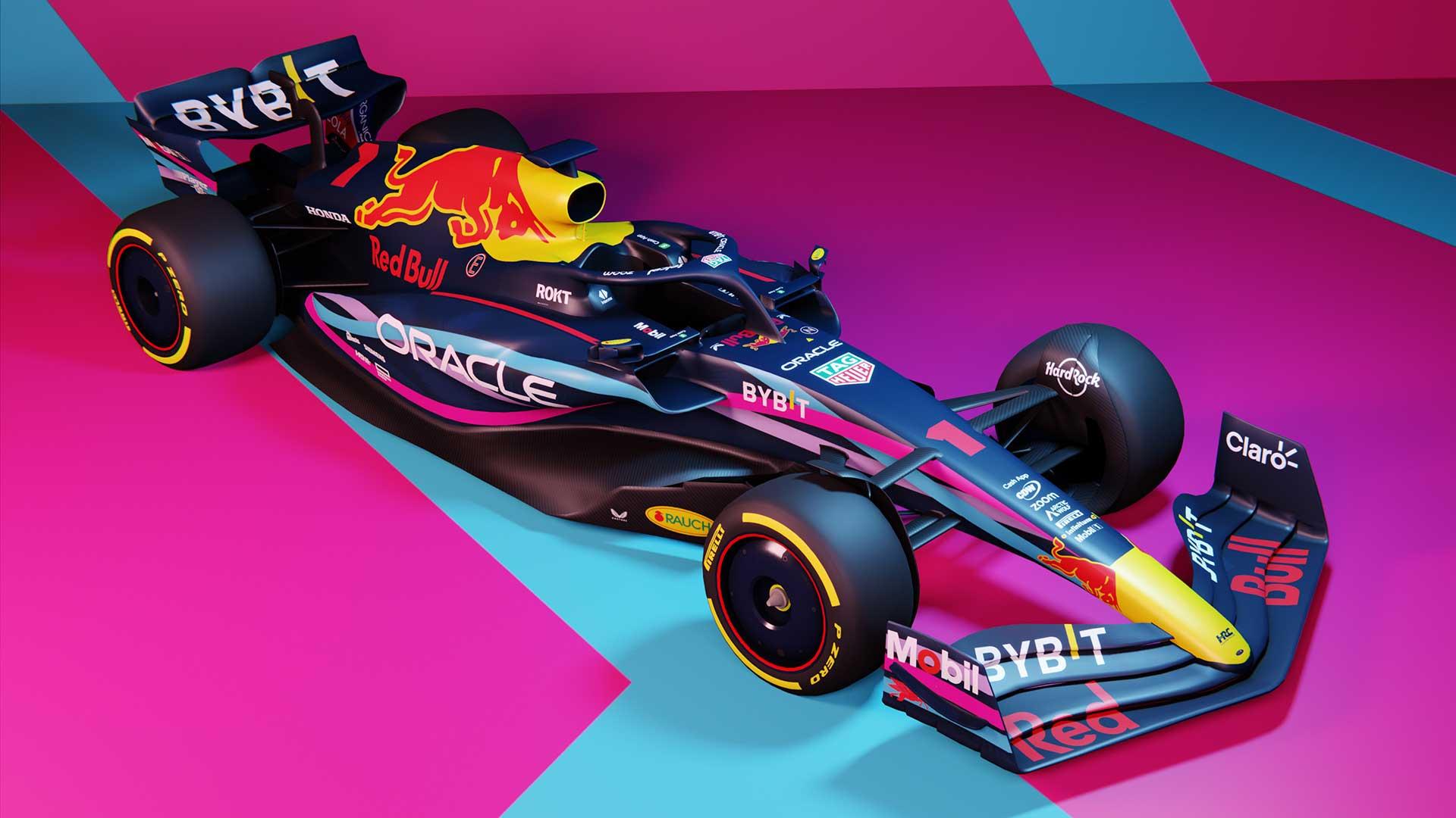 Red Bull RB19 speciale livery voor de GP van Miami 2023 schuin voor boven