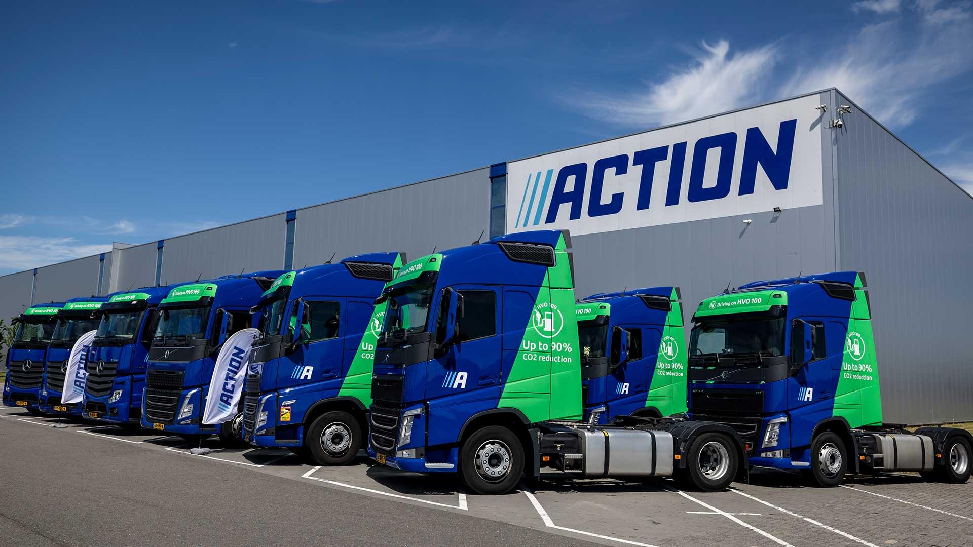 Vrachtwagens van Action die rijden op HVO100 (frituurolie) biodiesel