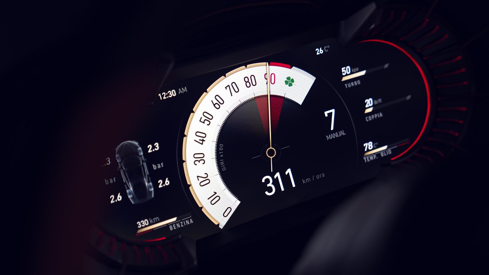 Alfa Romeo 33 Stradale dashboard scherm topsnelheid