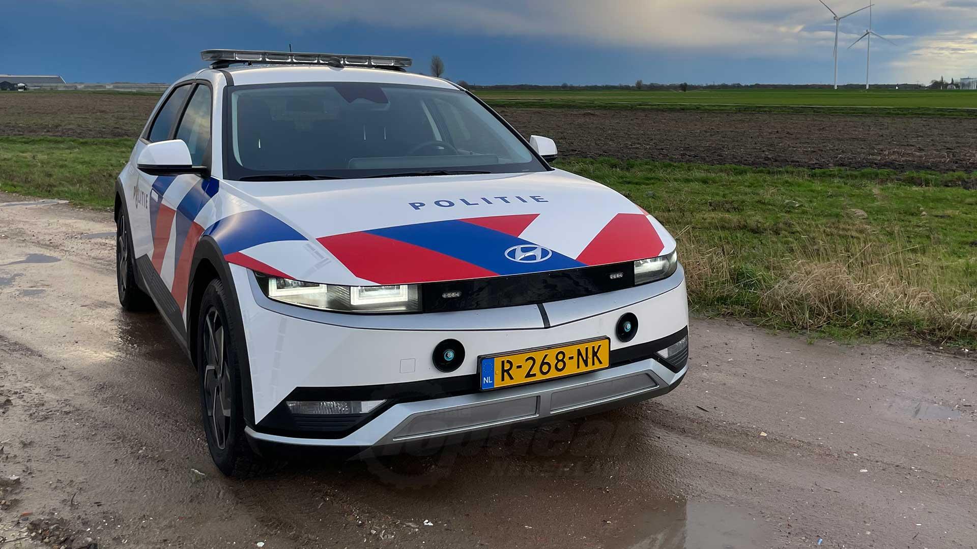 The front of the Hyundai Ioniq 5 as an electric police car in the Netherlands