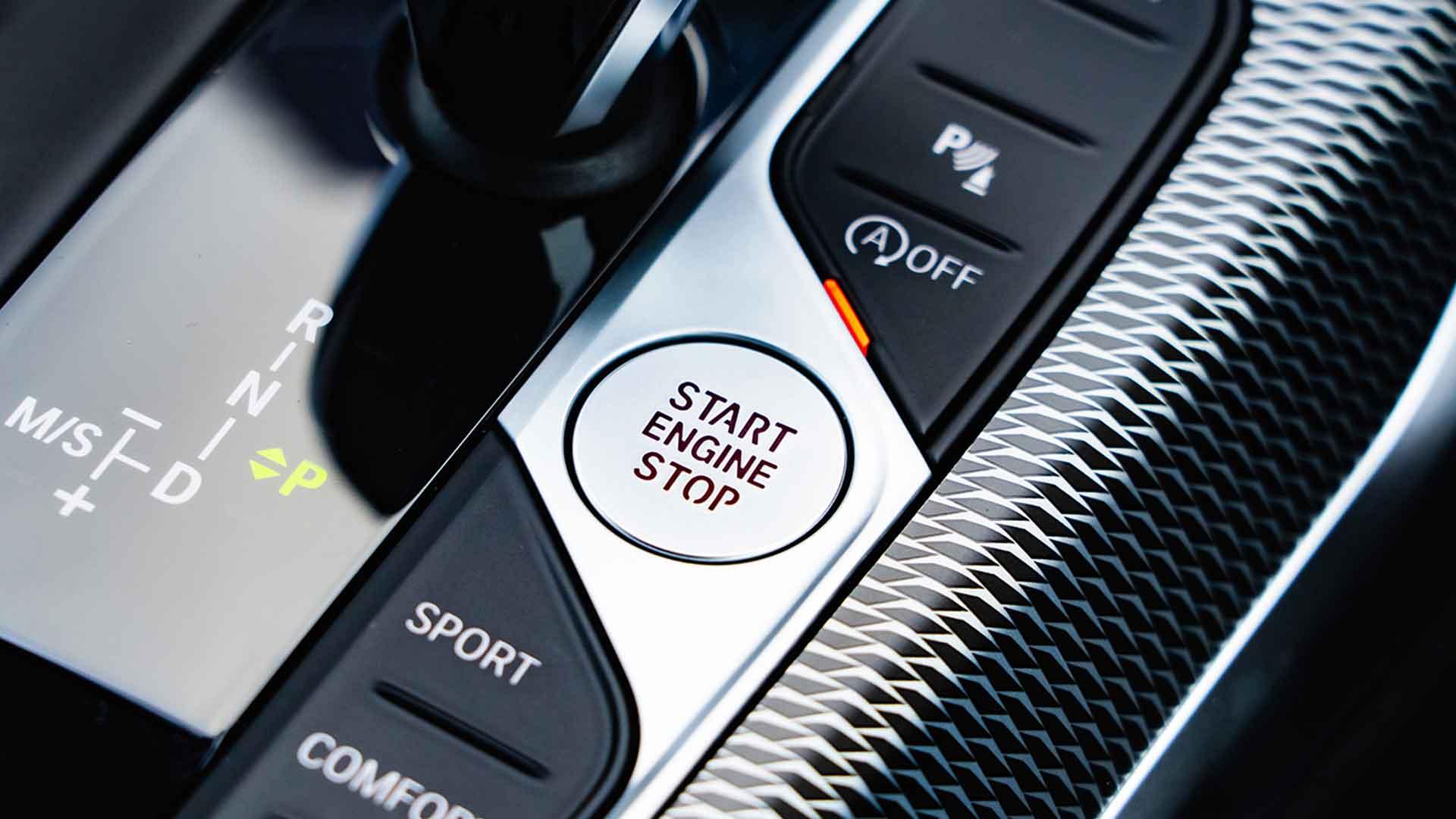 BMW 2-serie middenconsole knoppen start/stop-systeem ingeschakeld