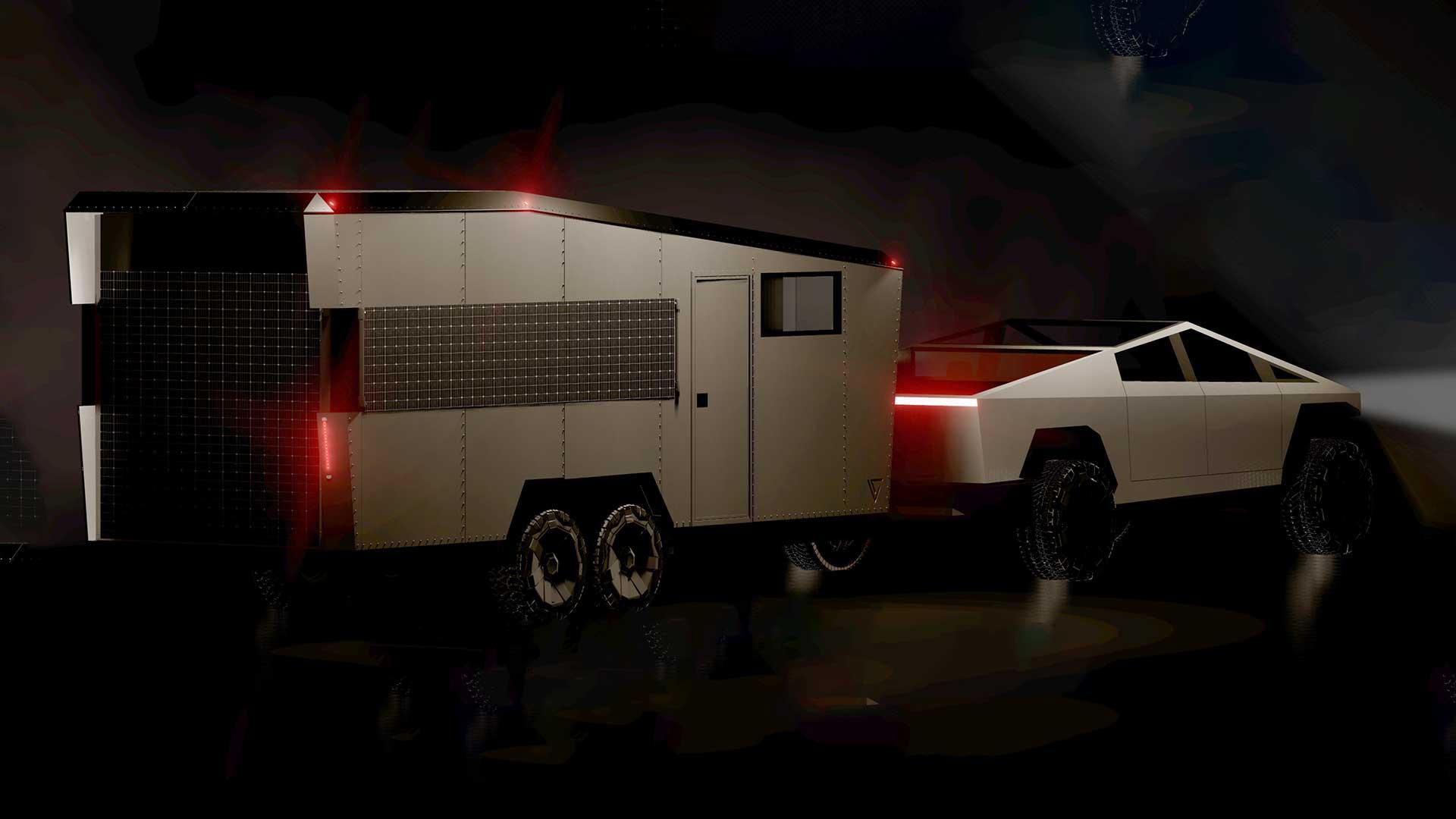 Cybertrailer caravan Tesla Cybertruck schuin achter