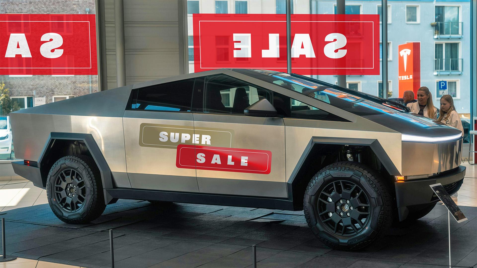 Tesla Cybertruck in showroom rechts schuin voor