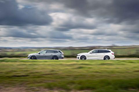 Zijkant BMW 330e Touring vs Peugeot 508 PSE SW