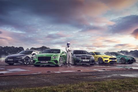 Audi GT e-tron RS, Bentley Continental GT, BMW M5, Ford Mustang Mach 1 en Alfa Romeo Giulia Quadrifolgio
