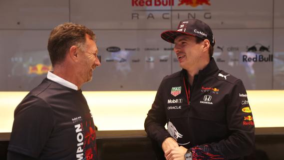 Max Verstappen en Christian Horner