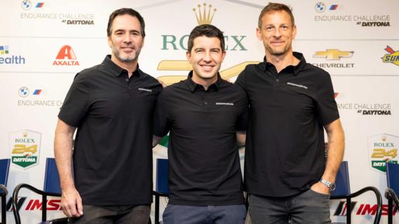 Jenson Button, Jimmie Johnson en Mike Rockenfeller presentatie NASCAR Le Mans