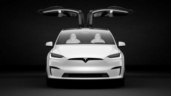 Tesla Model X voorkant met de vleugeldeuren open