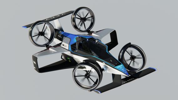 Vliegende auto op waterstof Airspeeder MK4 schuin voor