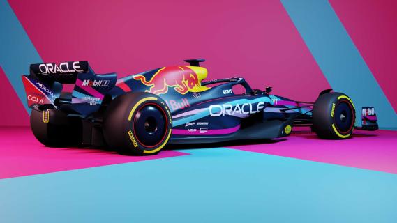 Red Bull RB19 speciale livery voor de GP van Miami 2023 schuin achter