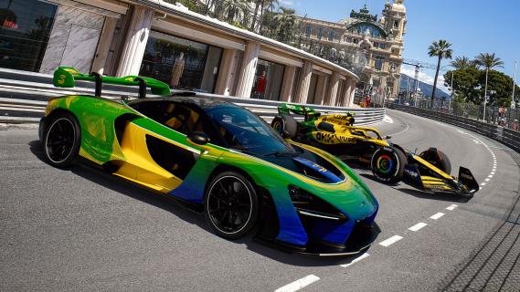 McLaren F1-auto Monaco GP 2024 Senna-kleurstelling achter McLaren Senna zijkant Casino