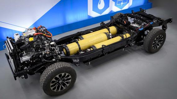waterstofelektrische Toyota Hilux prototype ladderframe waterstoftanks en elektromotor