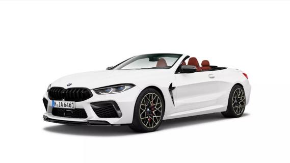 BMW M850i Cabrio wit schuin voor links dak open