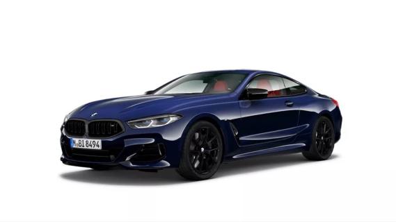 BMW M850i coupe blauw links voor schuin