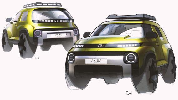 Hyundai Inster Cross (2024) schets voorkant en achterkant