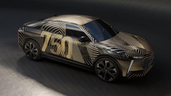 DS Automobiles crossover coupé 750 (2024) camouflagestickers zijkant voor schuin studio hoog