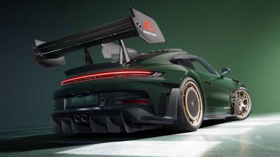 Porsche 911 GT3 RS Manthey-kit (992) groen (2024) achterkant zij rechts schuin laag