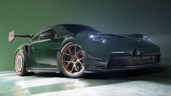 Porsche 911 GT3 RS Manthey-kit (992) groen (2024) voorkant zij rechts schuin laag