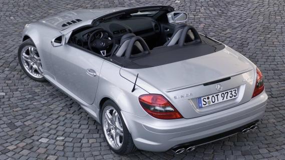 Mercedes SLK 55 AMG (R171) grijs (2004) zijkant achter hoog dak omlaag