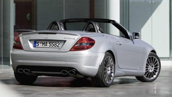 Mercedes SLK 55 AMG (R171) grijs (2008) performance package zijkant rechtsachter dak omlaag