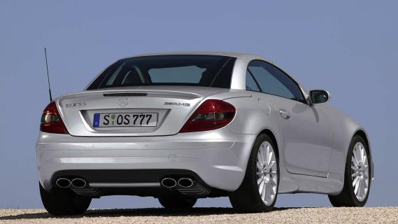 Mercedes SLK 55 AMG (R171) grijs (2004) zijkant links schater schuin dak gesloten