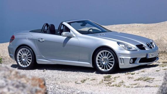 Mercedes SLK 55 AMG (R171) grijs (2004) zijkant links voor schuin dak open