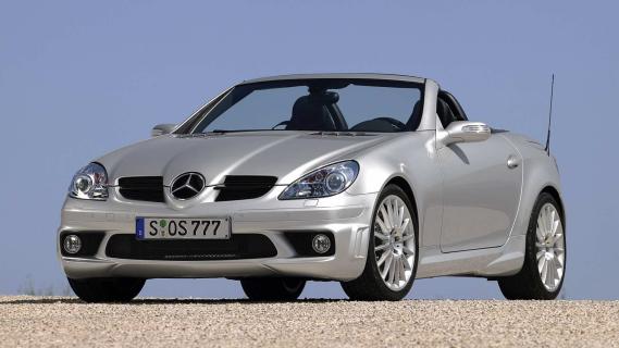 Mercedes SLK 55 AMG (R171) grijs (2004) zijkant linksvoor schuin dak open