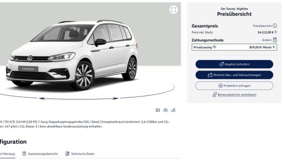 Volkswagen Touran website configurator eindresultaat