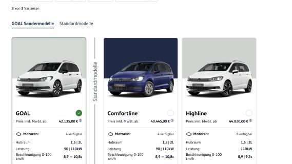 Volkswagen Touran website keuze qua uitvoeringen