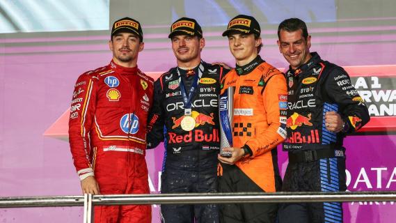 GP qatar 2024 podium na hoofdrace Leclerc Verstappen en Norris