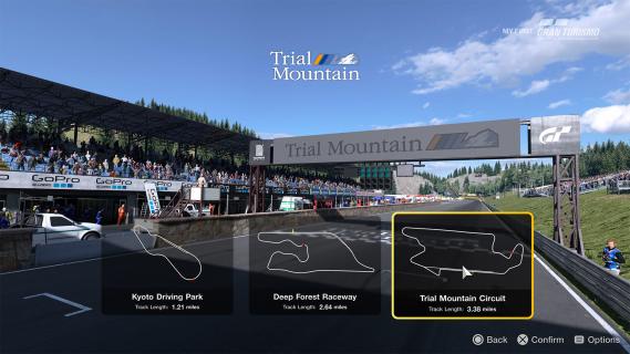 My First Gran Turismo menu banen keuze: Kyoto Driving Park, Deep Forest Raceway en Trial Mountain Circuit