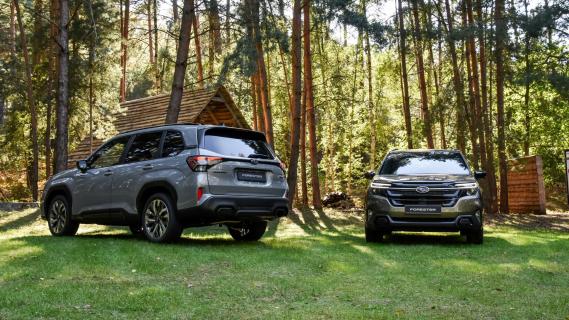 Subaru Forester e-Hybrid (EU) 2025 duo grijs zijkant achter groen voor