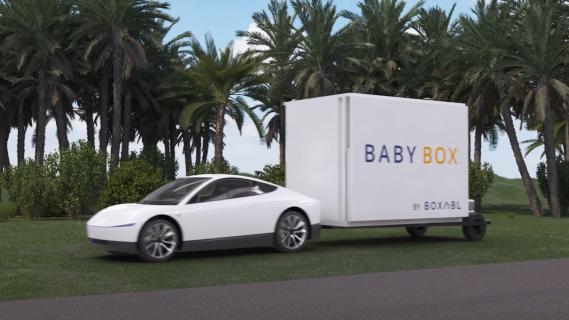 Boxabl Baby Cox Caravan (2025) zijkant voor Tesla