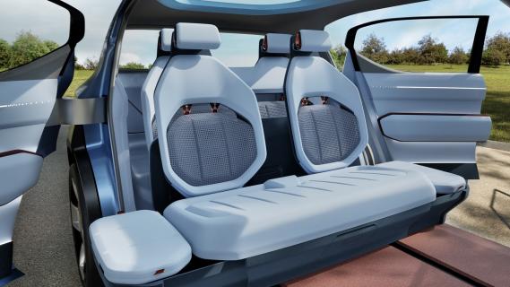 Kia EV2 Concept (2025) lichtblauw interieur voorbank naar achteren