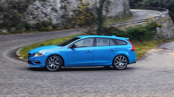 Volvo V60 Polestar (2014) zijkant blauw bocht