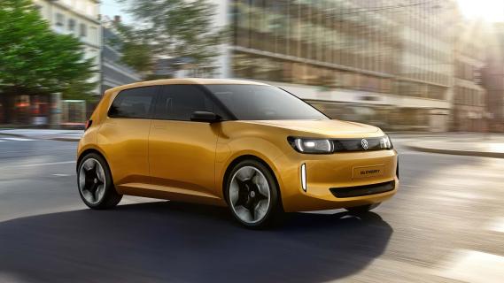 Volkswagen ID Every1 Concept geel (2025) zijkant rechts voor schuin rijdend