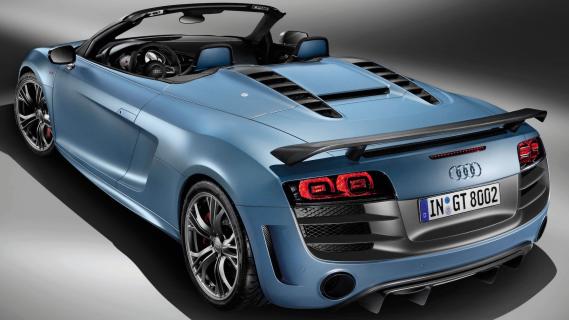 Audi R8 GT Spyder blauw (2011) zijkant links achter schuin