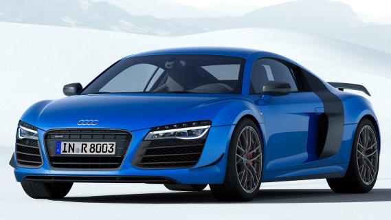 Audi R8 LMX blauw (2014) zijkant links schuin voor