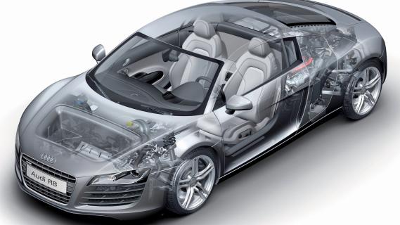 Audi R8 V8 quattro zilvergrijs (2008) zijkant linksvoor dwarsdoorsnede