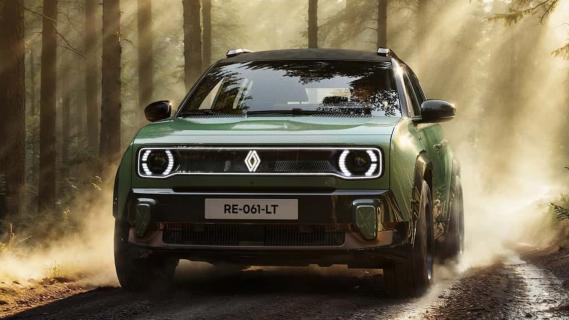 Renault 4 Savane 4x4 Concept Jade Green groen (2025) zijkant links schuin rijdend door bos
