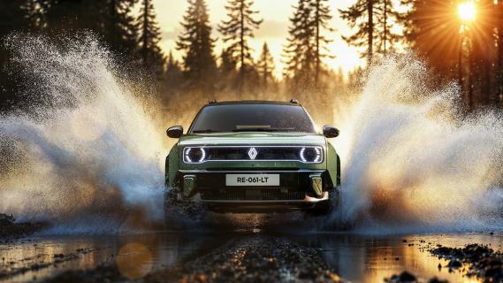 Renault 4 Savane 4x4 Concept Jade Green groen (2025) voorkant hoog rijdend door water