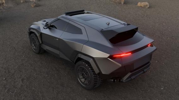 Rezvani Knight grijs (2025) zijkant links achter schuin zand hoog