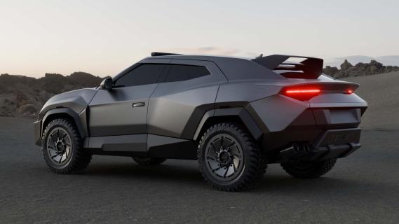 Rezvani Knight grijs (2025) zijkant links achter schuin zand
