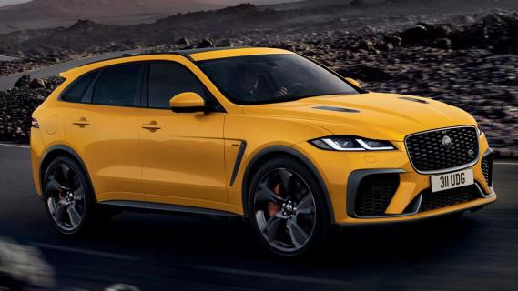 Jaguar F-Pace SVR 575 Ultimate (2025) geel zijkant rechts schuin voor