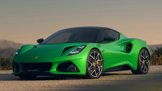 Lotus Emira V6 SE groen (2025) zijkant links schuin voor